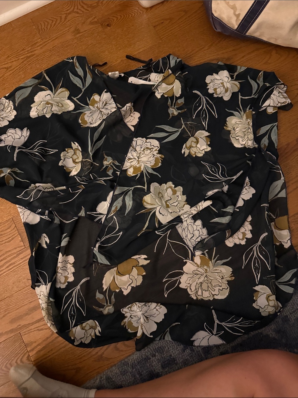 emory park Black Floral V-Neck Blouse with White and Olive Flowers